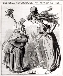 Caricature représentant la République sociale française contre la République conservatrice française de 
